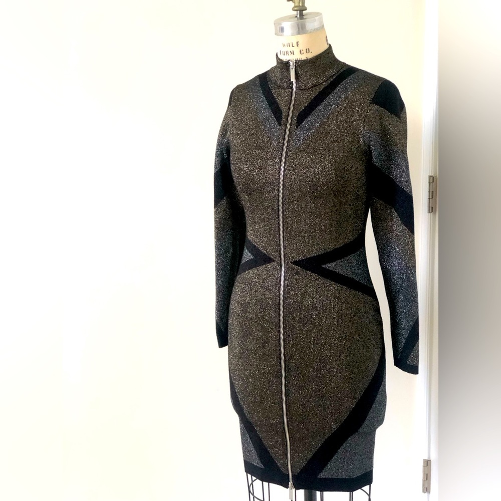 Karen Millen, Size Medium, Abstract Sparkle Knit Double Zip Front Dress